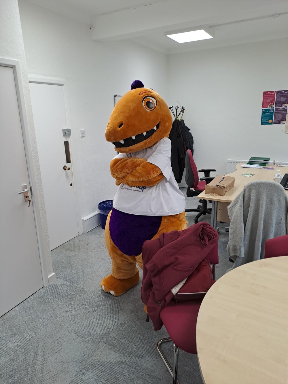 A person in a dinosaur costume stands indoors.