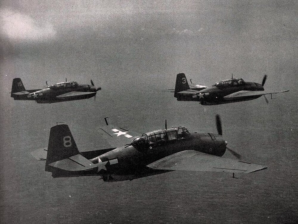 U.S. Navy Avenger aircraft in flight.