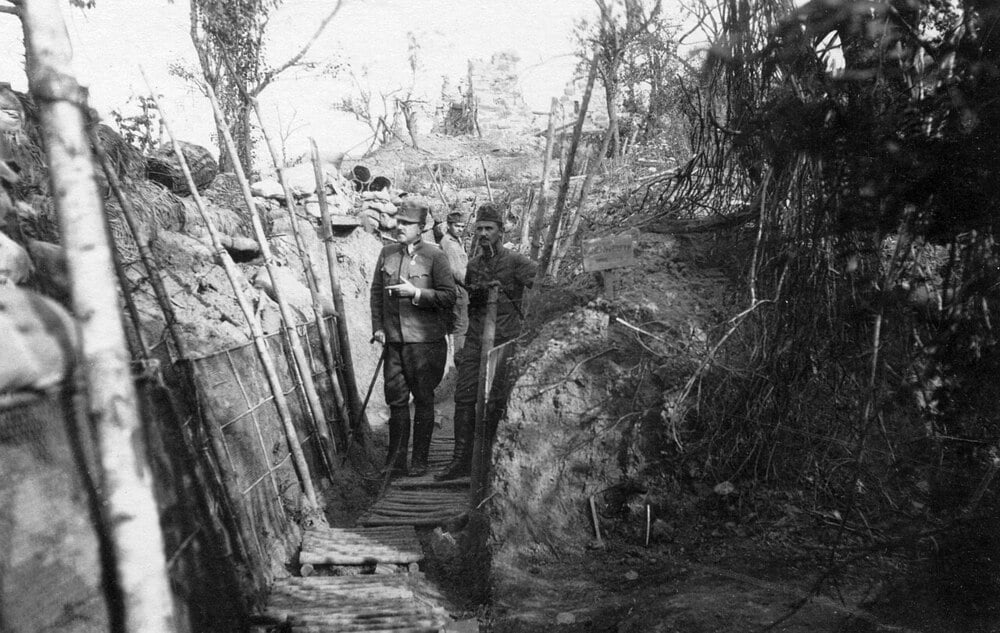 World War I soldier smoking in a trench