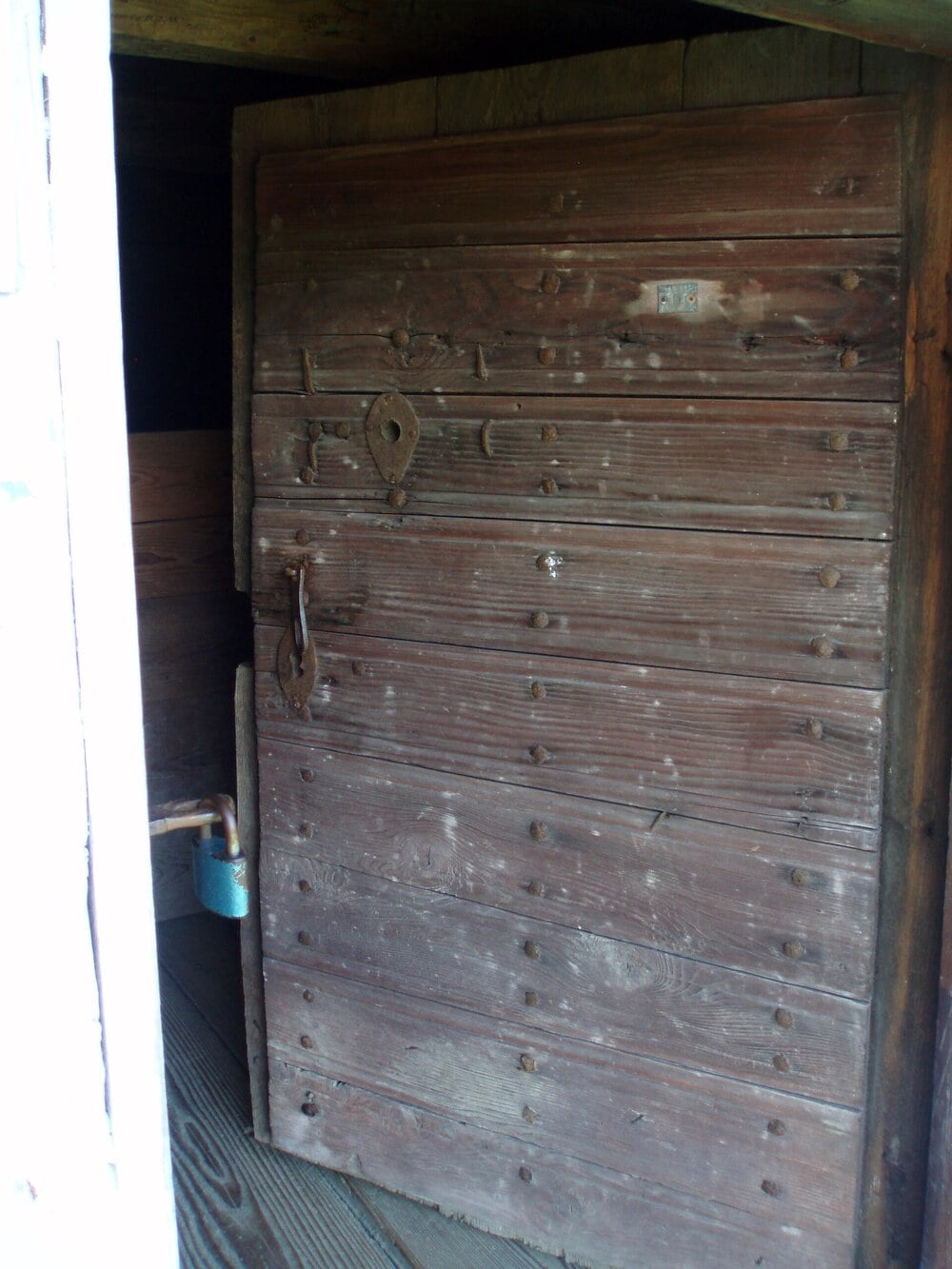 An old wooden door opens into a dark root cellar.