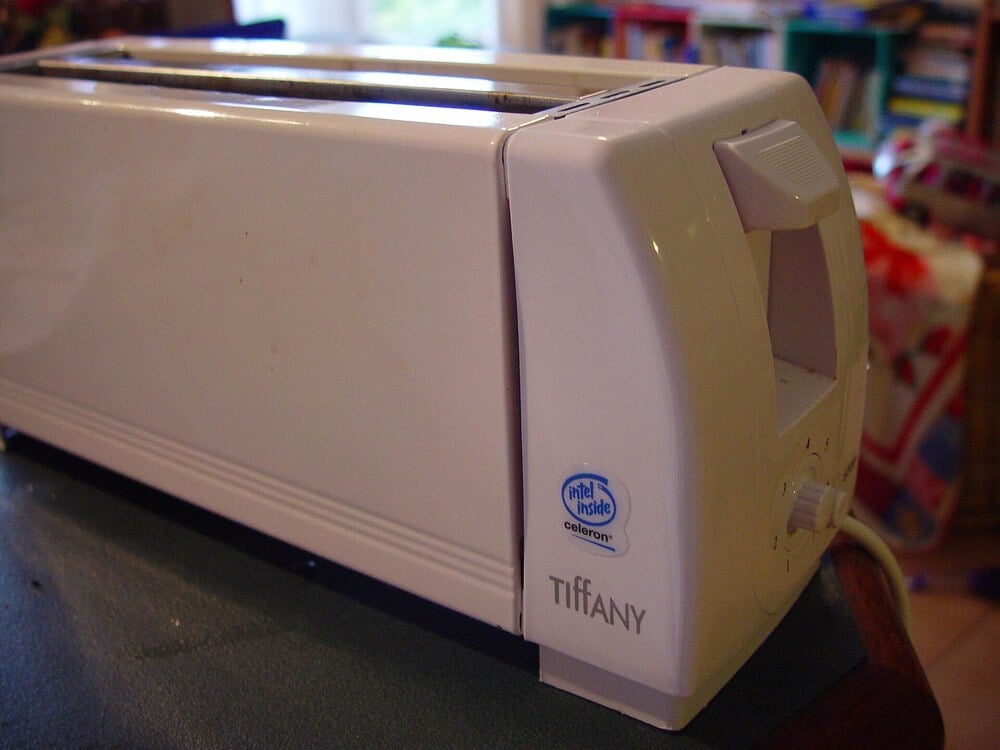 A toaster on a counter.