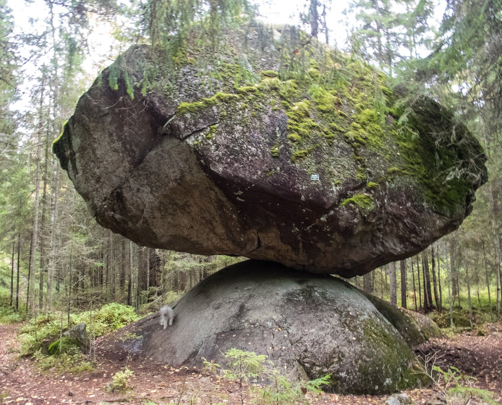 A massive boulder, covered in moss, balances on top of another large rock in a forest. Trees and greenery surround the unusual rock formation.