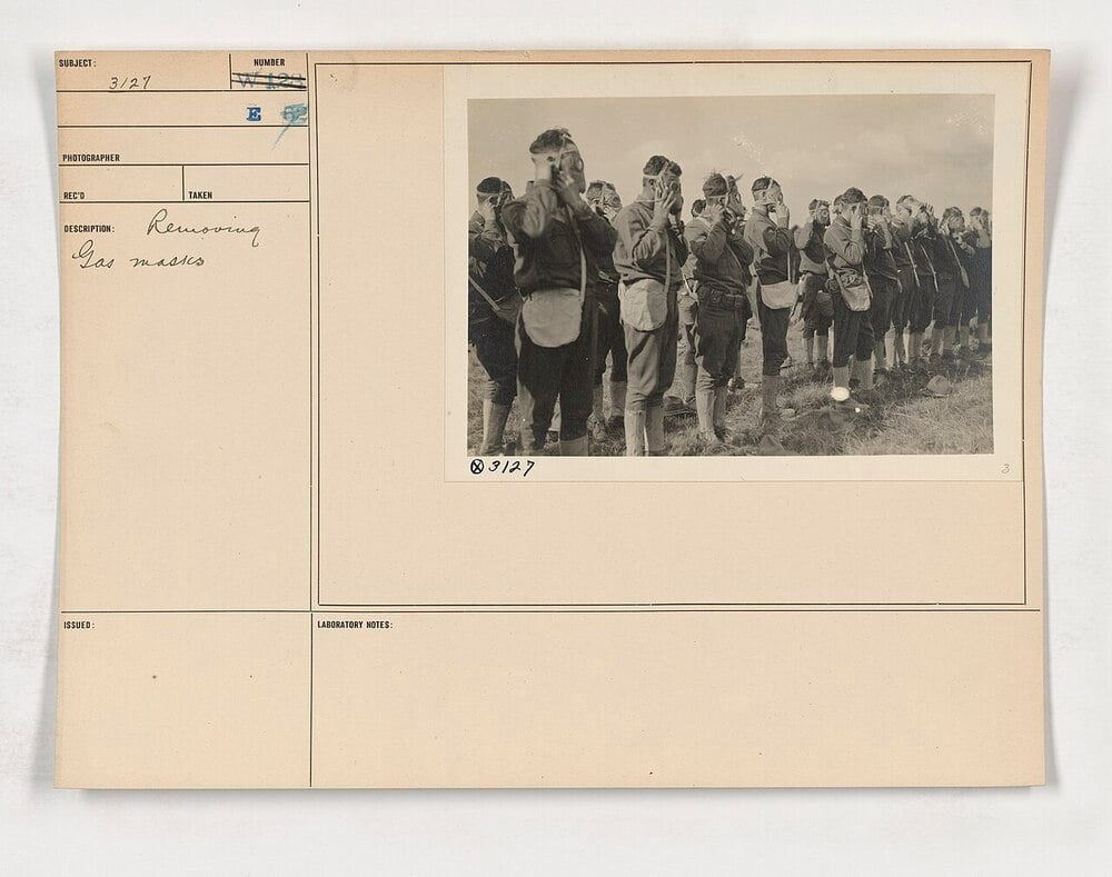 World War I soldiers rehearsing the removal of gas masks
