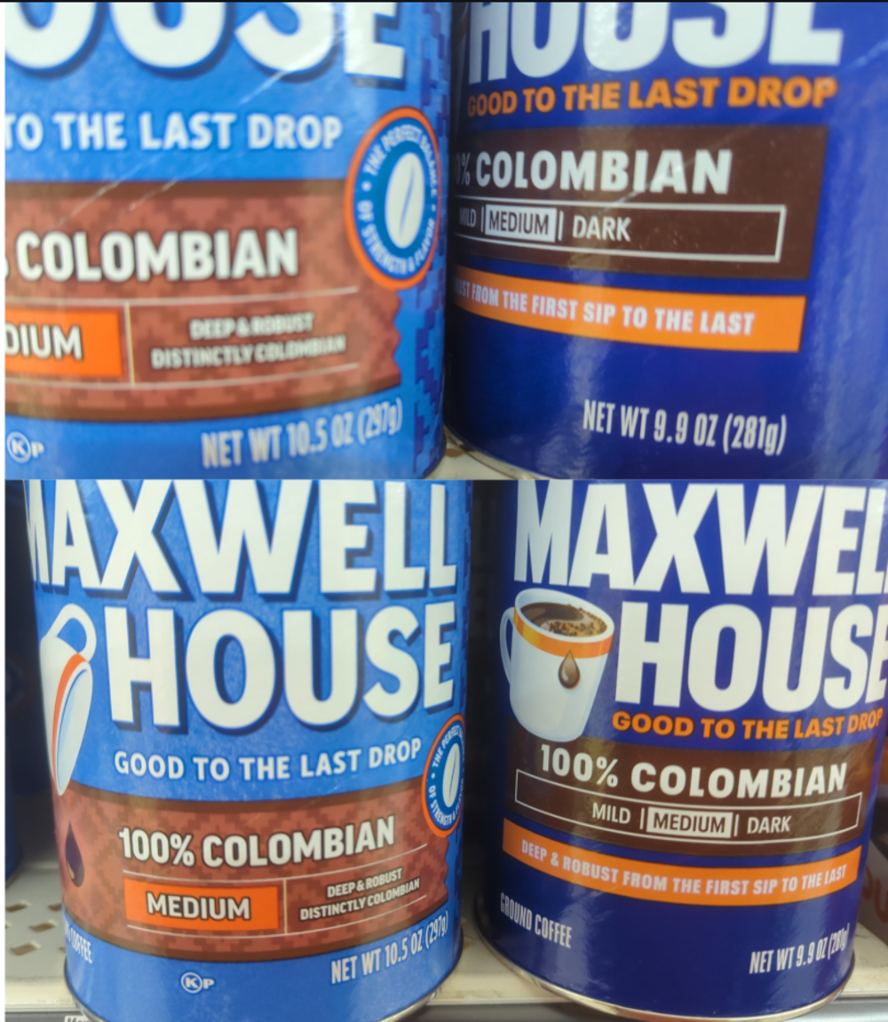 Two cans of Maxwell House 100% Colombian Medium Roast coffee.