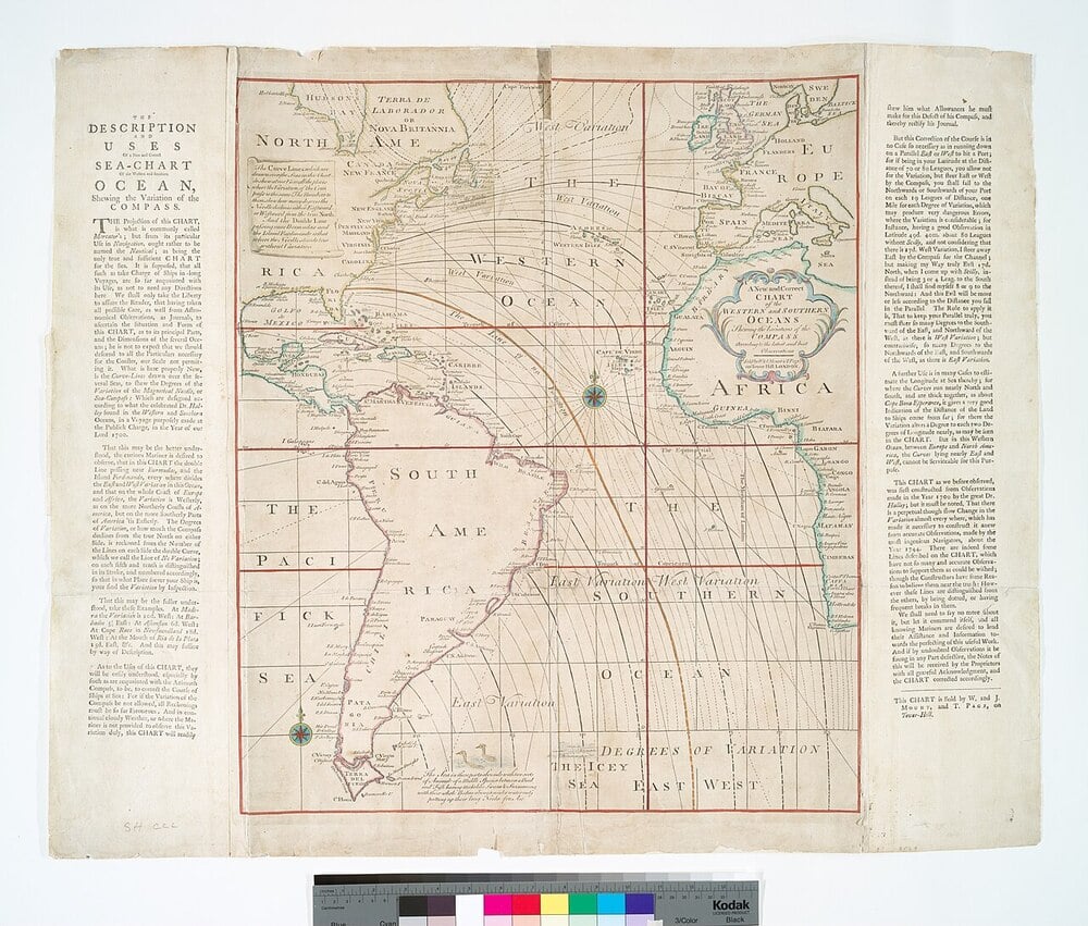 Historic nautical chart showing compass variation.