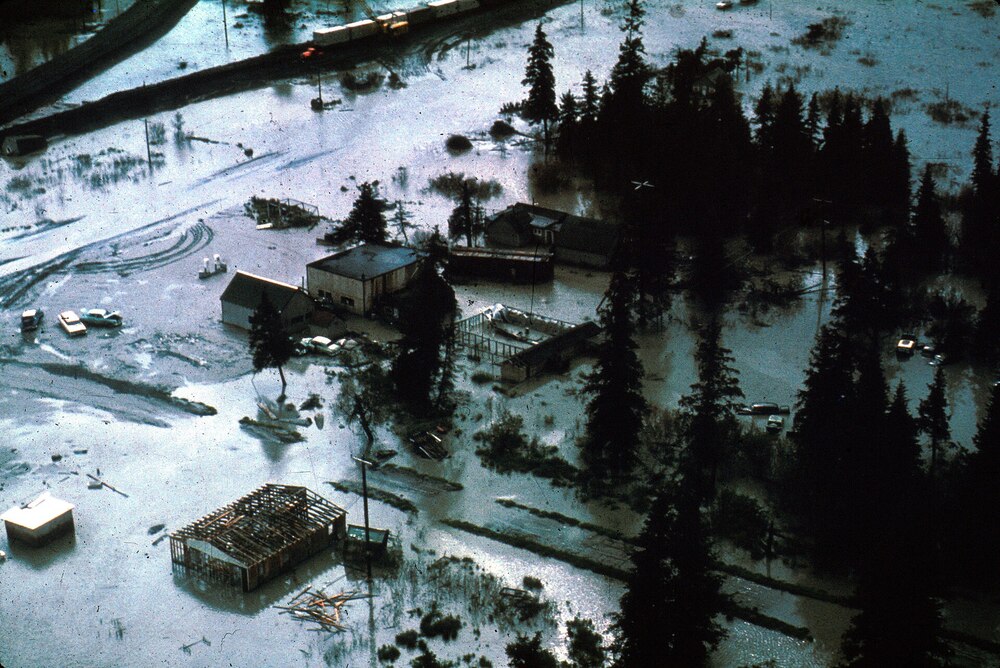 Aerial view of a flooded neighborhood with partially submerged houses, trees, and vehicles. Floodwater covers roads and land, making it difficult to distinguish between water and ground.