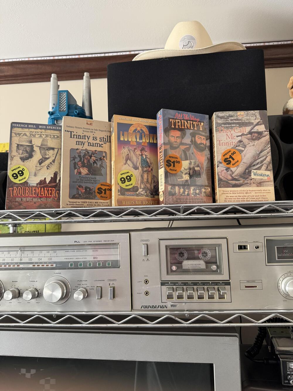 Rental display boxes with large price stickers on a shelf.