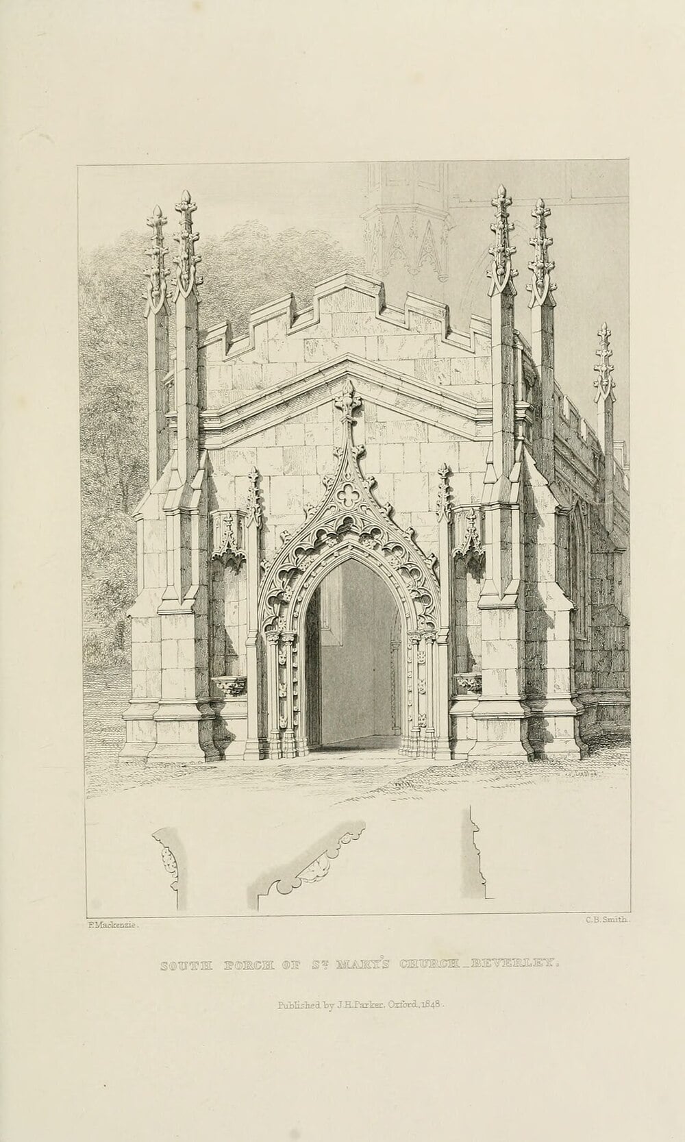 Detailed architectural drawing of the south porch of St. Mary's Church, Beverley, featuring ornate Gothic arches, pinnacles, and an open doorway.