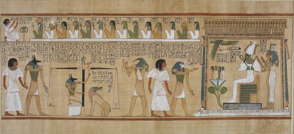 Ancient Egyptian papyrus art showing a judgment scene with gods, a seated figure, standing figures, hieroglyphs, and symbolic elements like scales and animals on a tan background.