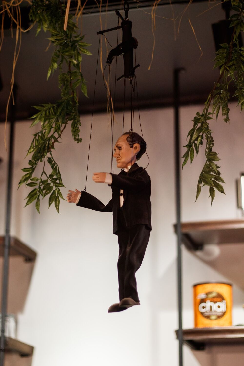 A marionette puppet in a black suit hangs from strings among green leafy vines.