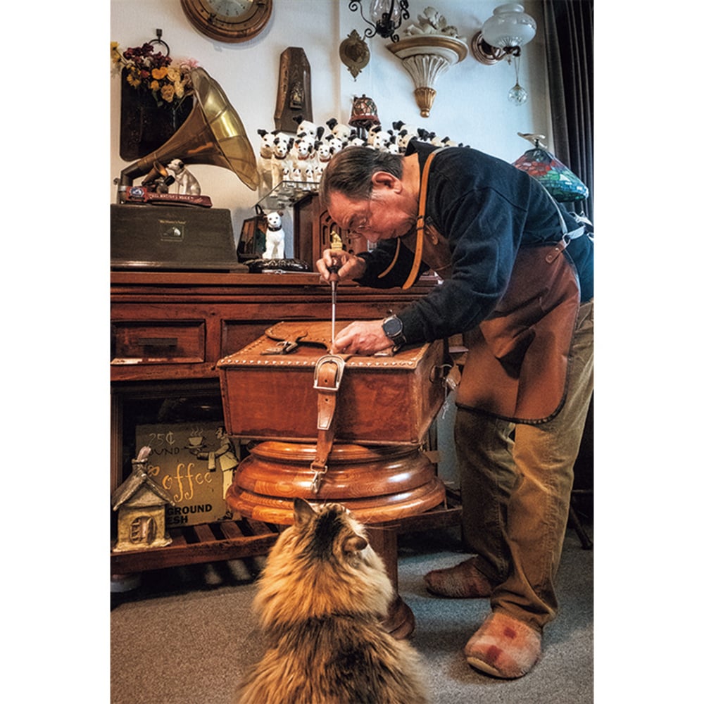 Vintage luggage in an antique-filled room.