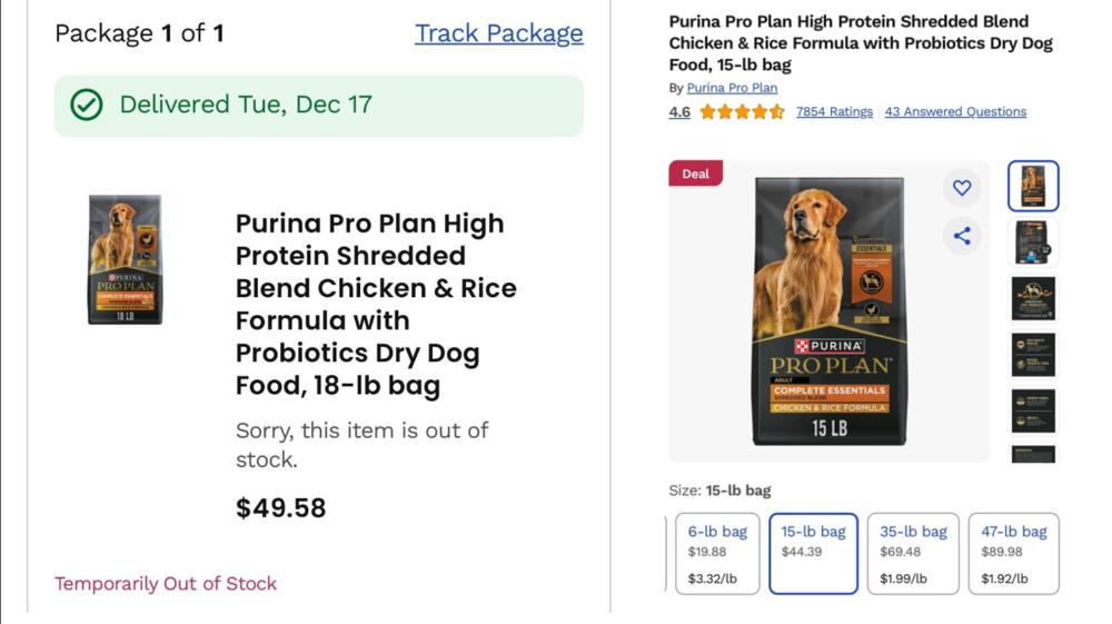 Online order screenshot for Purina Pro Plan dog food showing bag sizes.