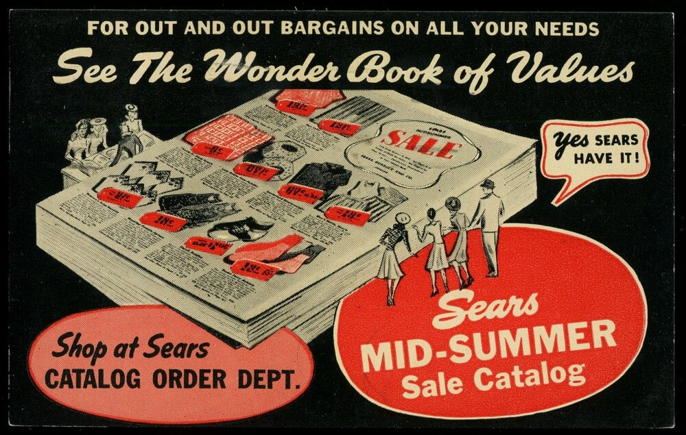Vintage Sears ad for a mid-summer sale catalog, featuring an illustrated catalog with sale tags, people shopping, and bold text promoting bargains and catalog orders.