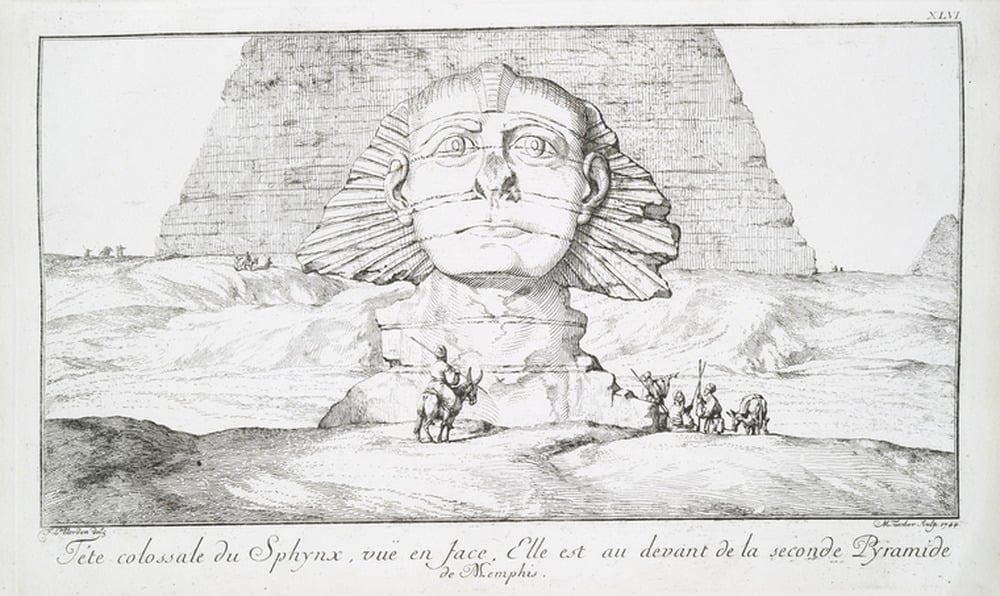 A detailed black and white drawing of the Sphinx of Giza with people and camels in the foreground and a pyramid in the background.