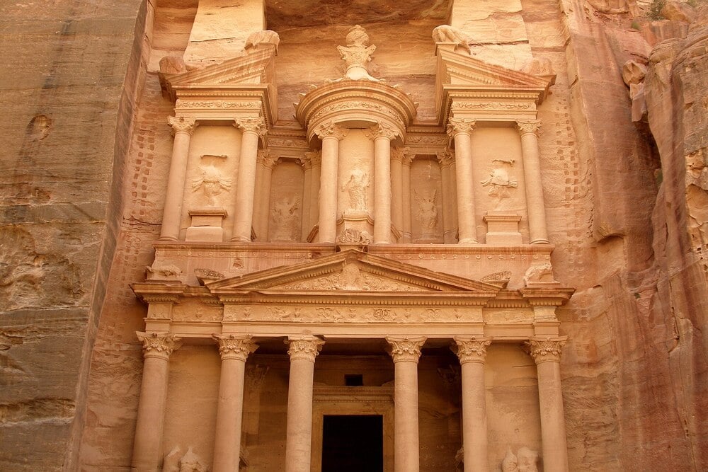 The stone-carved facade of Al-Khazneh, the Treasury, at Petra in Jordan.