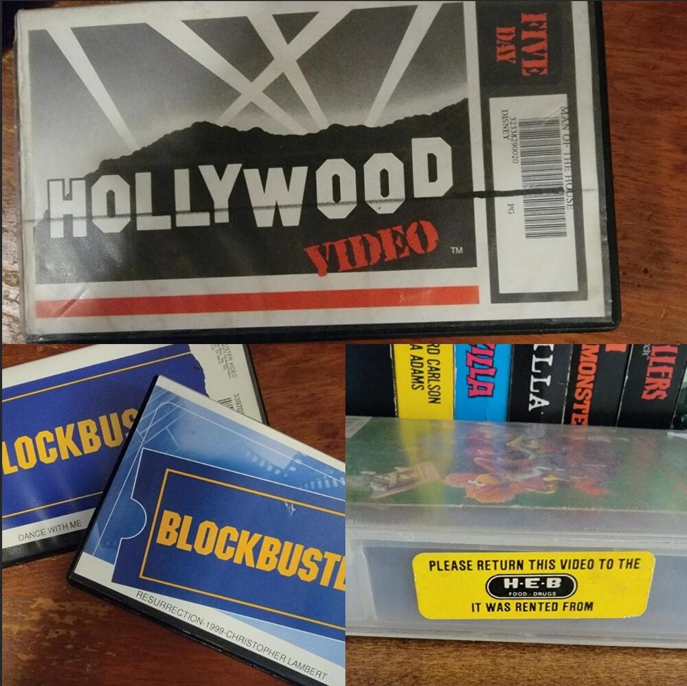 Vintage rental-store VHS cases with branded labels and rental stickers.