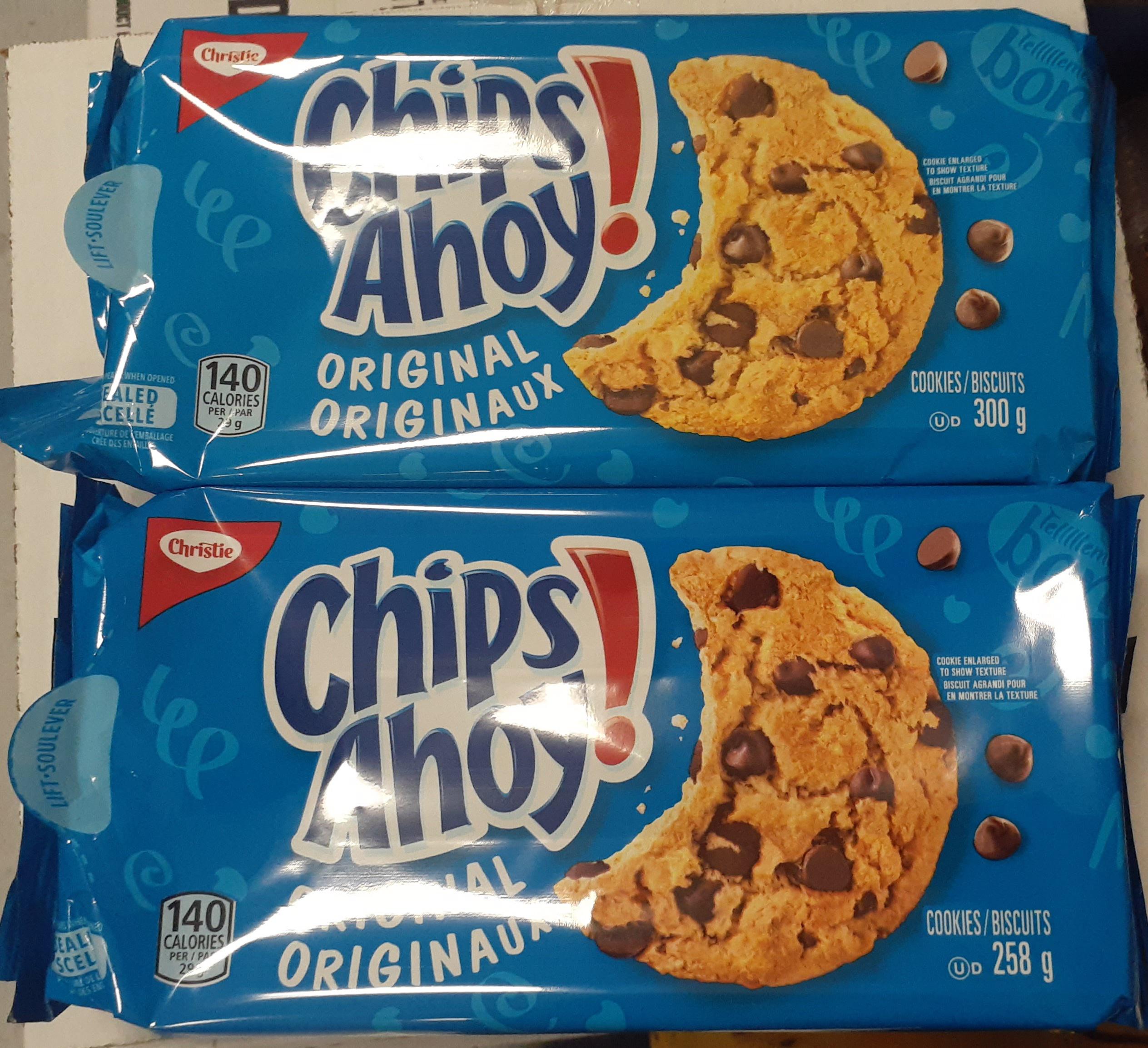 Two blue packages of Christie Chips Ahoy! Original chocolate chip cookies.