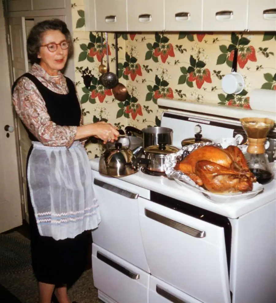 A woman in glasses and an apron stands in a vintage kitchen, smiling as she prepares food. A roasted turkey sits on the stove, surrounded by pots. The walls have fruit-patterned wallpaper.