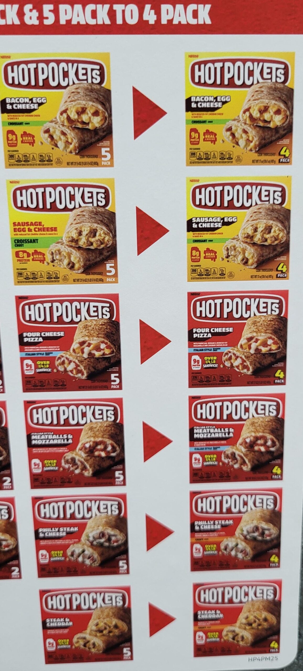 Hot Pockets packaging changes from five packs to four packs for several varieties.