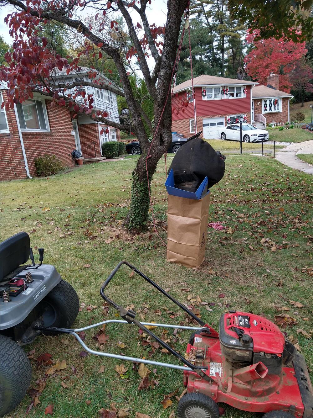 A leaf-filled tarp is suspended above a paper yard waste bag with a rope tied to a tree. A red lawn mower and lawn tractor are on the grass nearby; suburban homes are in the background.