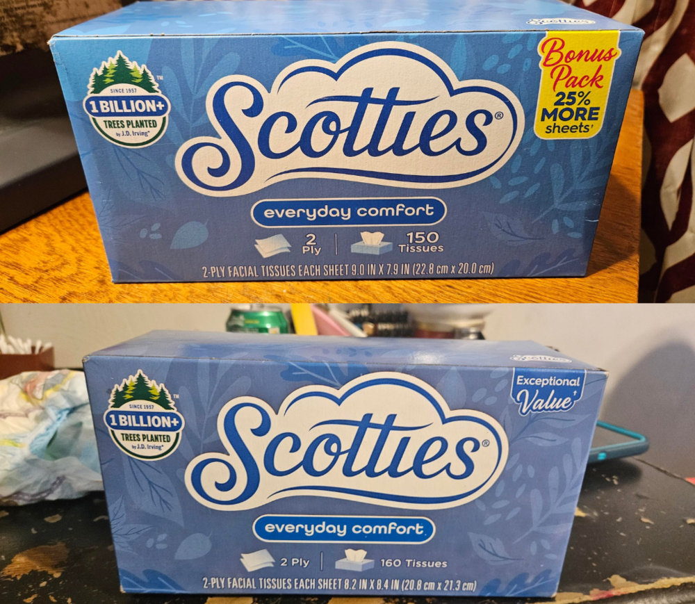 Two boxes of Scotties facial tissues with 150 and 160 tissues.
