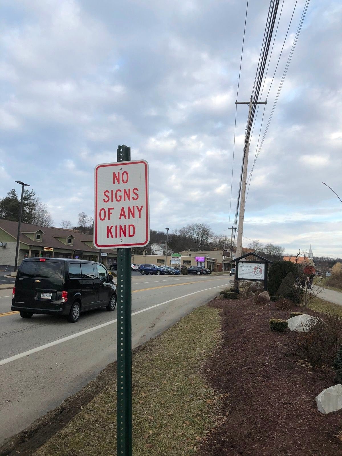 A street scene with a white sign reading “NO SIGNS OF ANY KIND” on a pole by the roadside, cars driving, and businesses visible in the background under a cloudy sky.