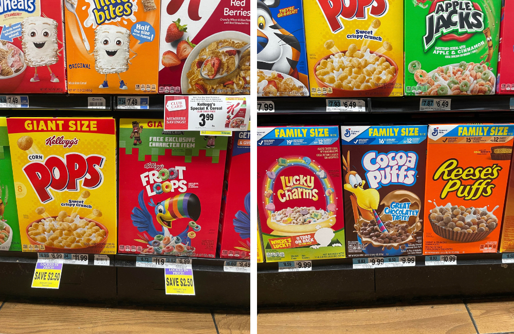 Cereal boxes displayed on store shelves with price tags and promotional signs.