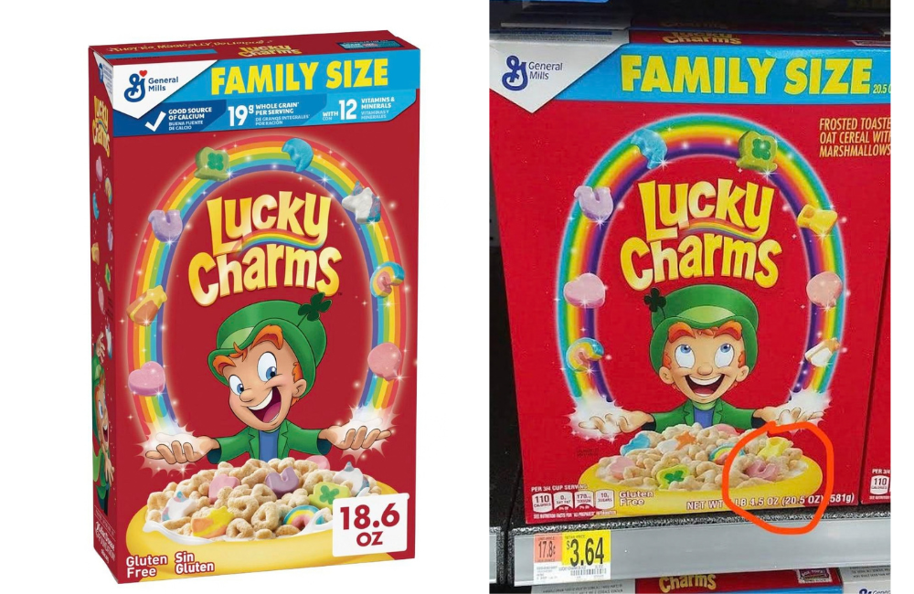 Lucky Charms Family Size cereal box and a store shelf comparison.