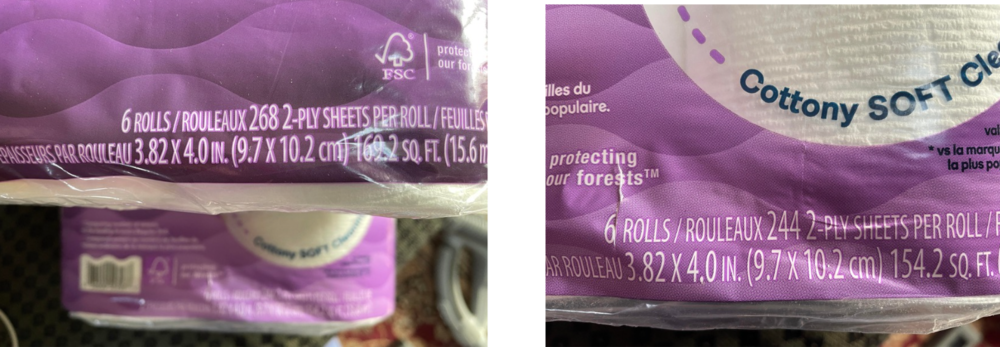 Two packages of toilet paper with 268 and 244 two-ply sheets per roll.