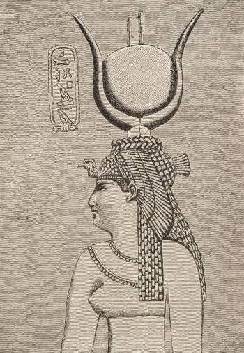 Ancient Egyptian engraving of a woman in profile wearing a headdress with horns and a sun disk, with hieroglyphs beside her head.