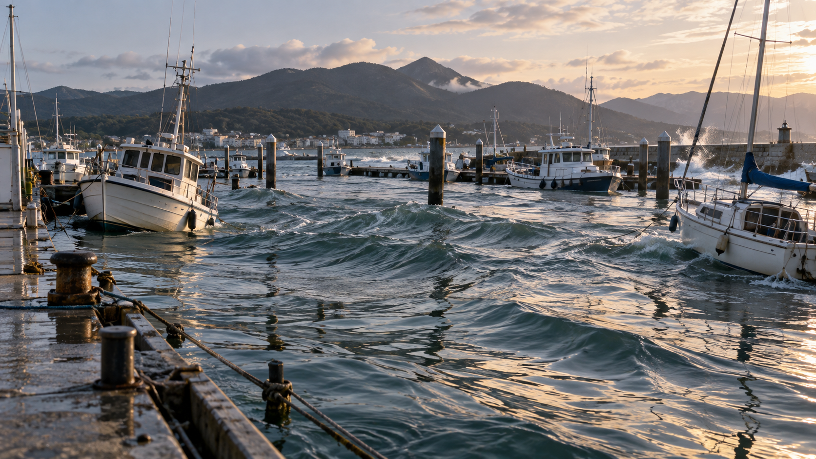Waves rock boats docked at a harbor, with mountains and buildings in the background under a partly cloudy sky at sunset.