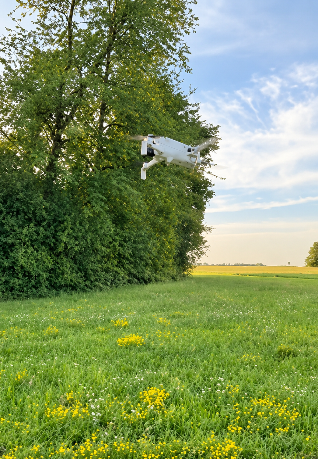 A white drone hovers near a group of green trees above a grassy field with yellow flowers, under a partly cloudy blue sky.