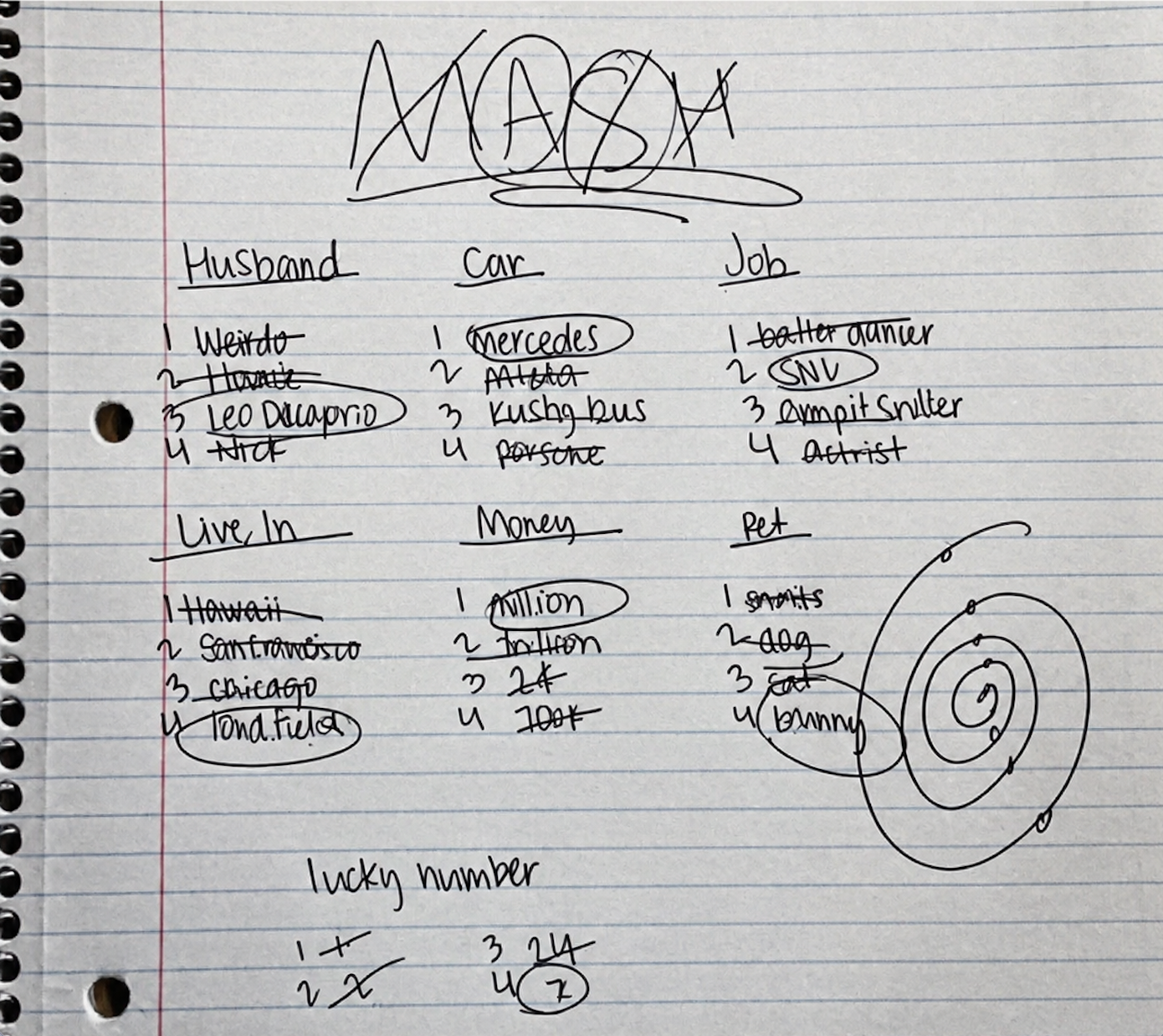 A handwritten MASH game on lined paper with categories for husband, car, job, home, money, and a spiral. Some answers are circled and a lucky number is written at the bottom.
