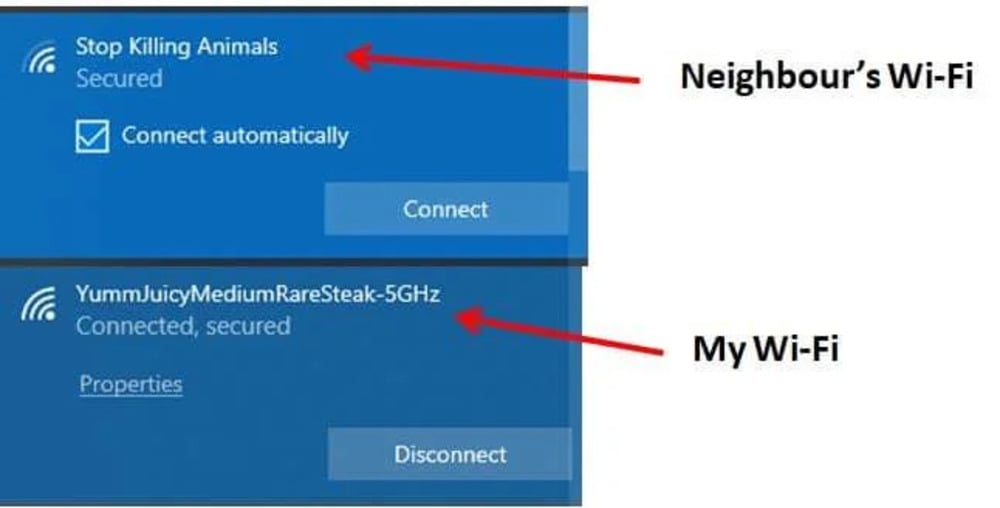Screenshot showing two Wi-Fi networks: one named “Stop Killing Animals,” and the other “YumJuicyMediumRareSteak-5GHz,” with red arrows labeling each as neighbor’s and my Wi-Fi, respectively.