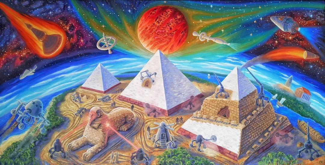 Surreal space scene with Egyptian pyramids, robots, the Sphinx, and flying spacecraft. A large red planet and comets fill the colorful starry sky, blending ancient Egypt with futuristic elements.