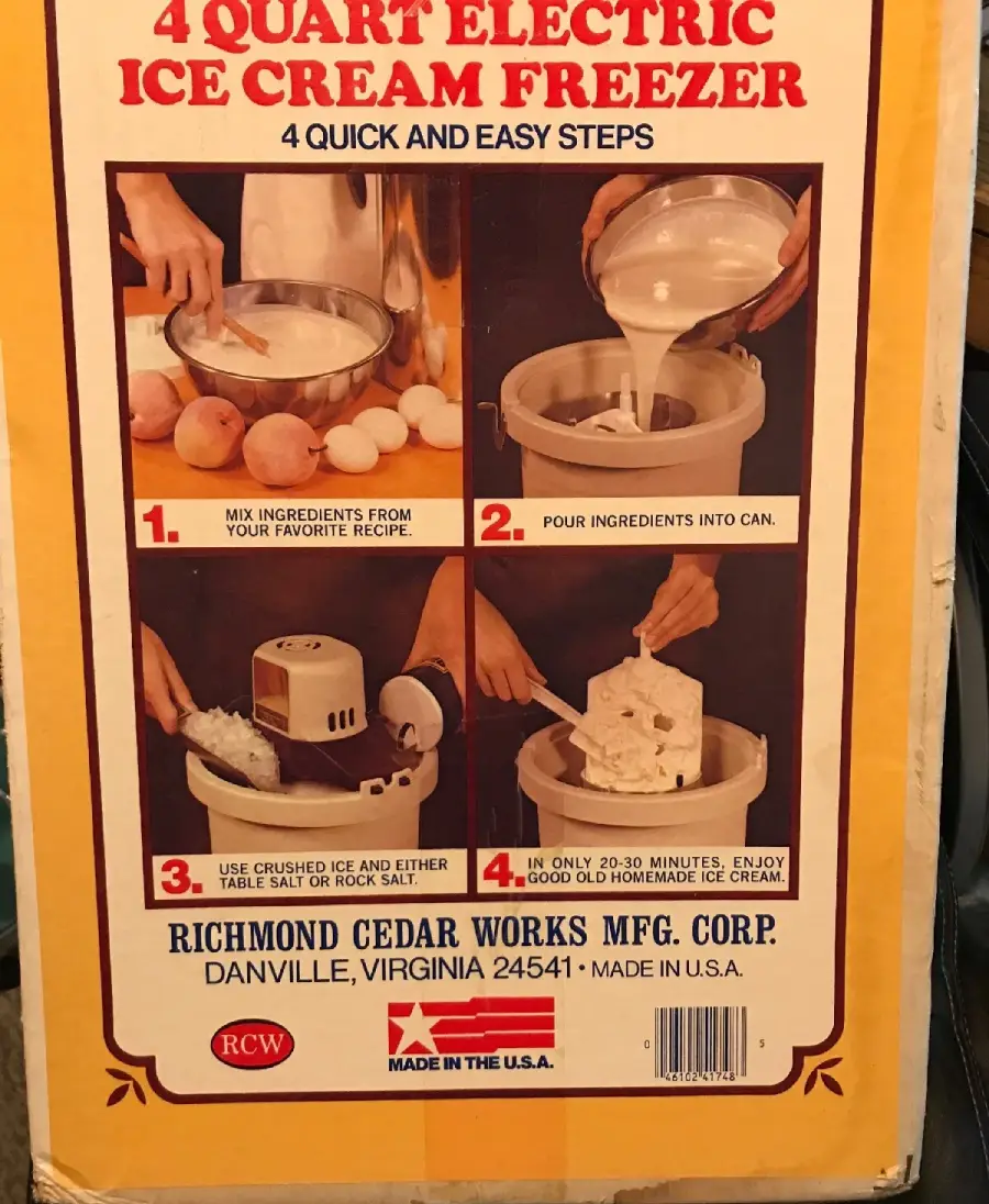 Instructions for using a 4-quart electric ice cream freezer, shown in four steps with photos: mix ingredients, pour into can, add crushed ice and salt, then enjoy homemade ice cream in 20-30 minutes.