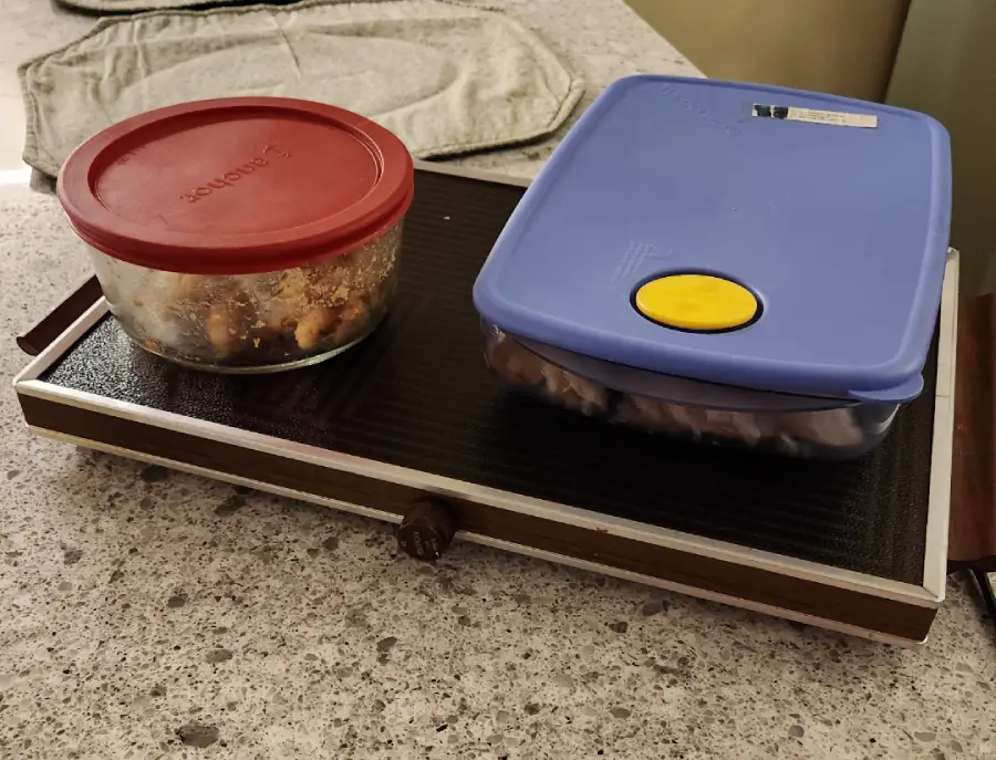 Two food containers, one round with a red lid and one rectangular with a blue lid, are sitting on top of a closed electric griddle on a speckled countertop.