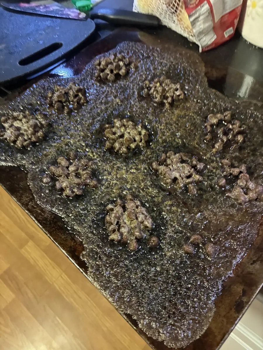 Nine burnt, misshapen cookies are spread across a blackened, sticky baking sheet on a kitchen counter. The cookies are dark brown and uneven, with melted, overcooked dough fused together.