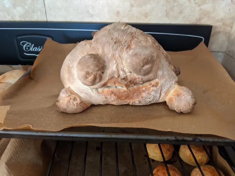 A loaf of bread with an unusual shape, resembling a frog or animal face, sits on brown parchment paper on an oven rack.