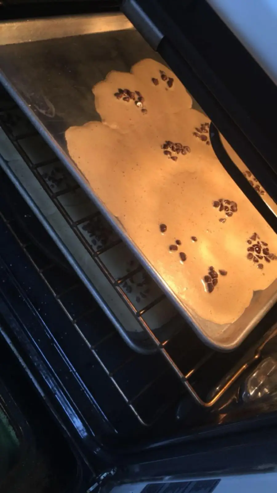 A baking tray in an oven holds a large, flat spread of cookie dough with chocolate chips, rather than individual cookies, as it bakes.
