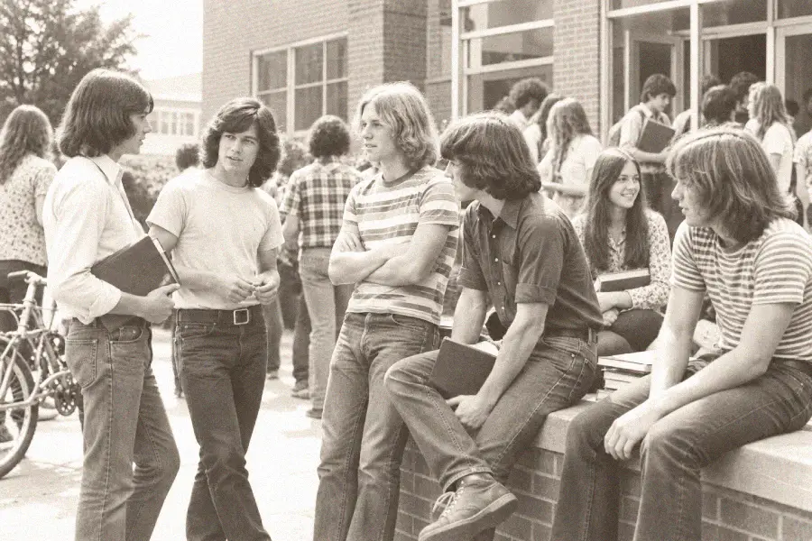 A group of teenagers in casual 1970s clothing talk and relax outside a school building. Some sit on a low wall, while others stand. Bicycles and more students are in the background.