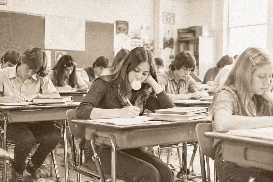 Students sit at desks in a classroom, focused on writing. One girl in the center blows a bubble with gum. The image is in black and white, evoking a vintage or retro feel.