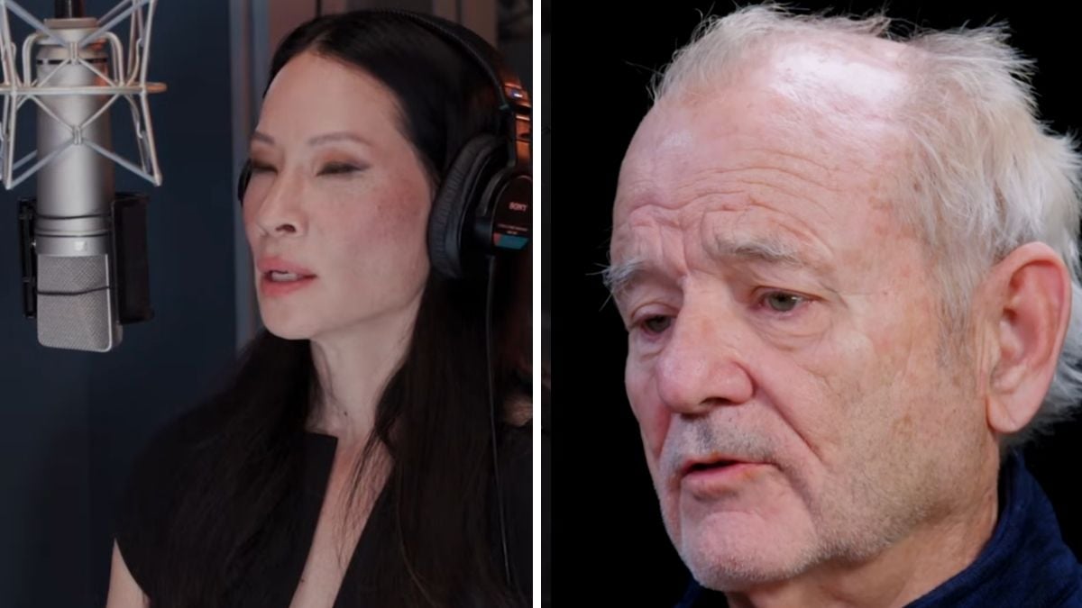 A woman wearing headphones speaks into a studio microphone on the left; an older man with white hair is shown close up against a dark background on the right.