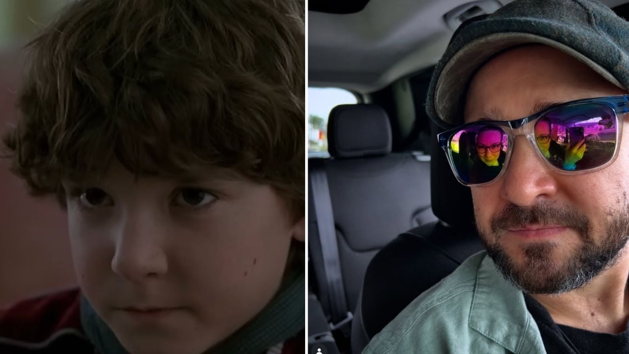 Split image: On the left, a young boy with curly hair looks serious. On the right, an adult man with glasses and a beard sits in a car, wearing a hat and sunglasses with colorful reflections.