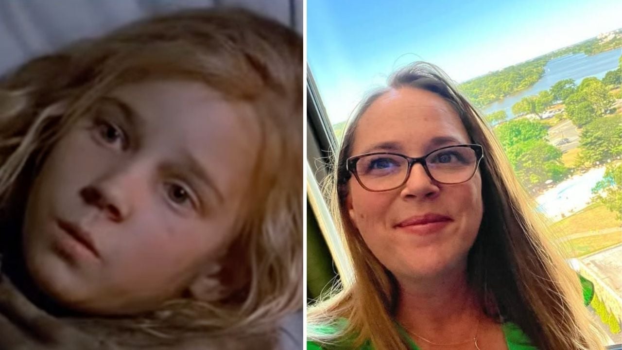 Split image: On the left, a young girl with blonde hair looks thoughtful. On the right, a smiling woman with glasses and long hair poses in front of a window with a scenic outdoor view.