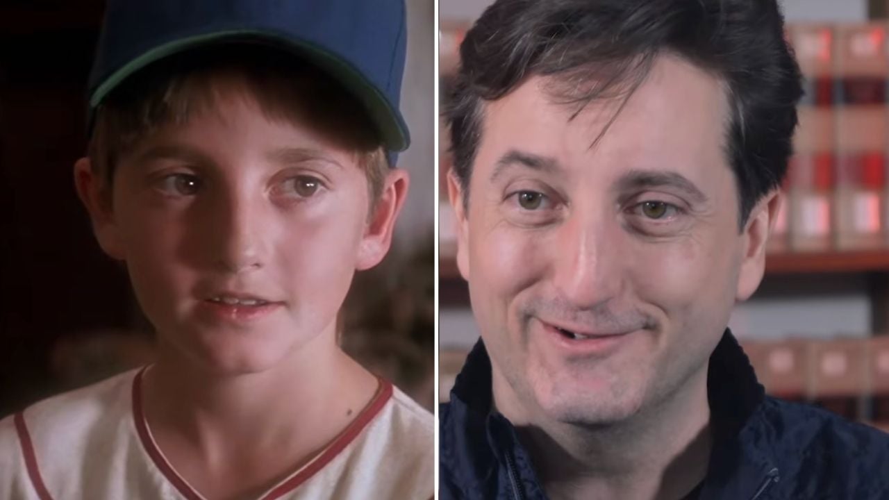 Split image: On the left, a young boy in a baseball cap looks slightly away. On the right, an adult man with dark hair smiles, facing forward in an indoor setting with shelves in the background.