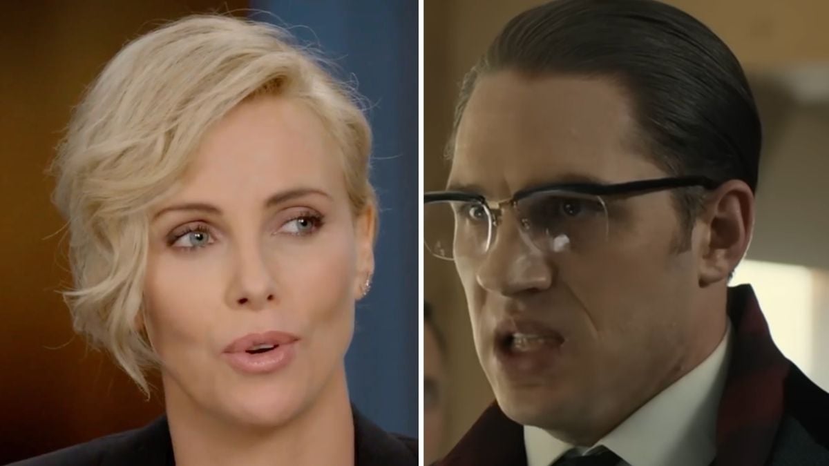 Split image: On the left, a woman with short blond hair speaks, wearing a black top. On the right, a man with slicked-back dark hair, glasses, and a suit appears to be talking intensely indoors.