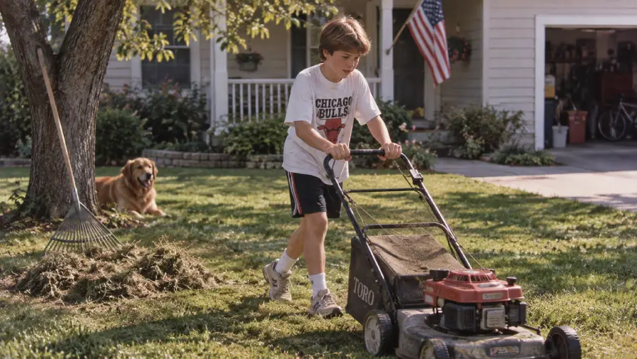 A boy in a Chicago Bulls shirt mows the lawn in a yard, with a dog lying nearby and an American flag by the house in the background. A rake and grass piles are visible on the grass.