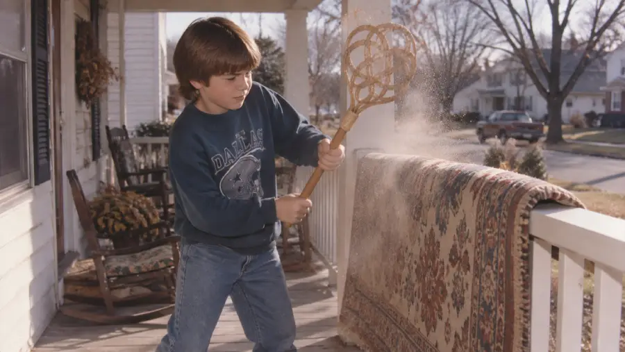 A boy in a blue sweatshirt uses a carpet beater to clean a rug on a porch, with dust flying into the air on a sunny day in a suburban neighborhood.