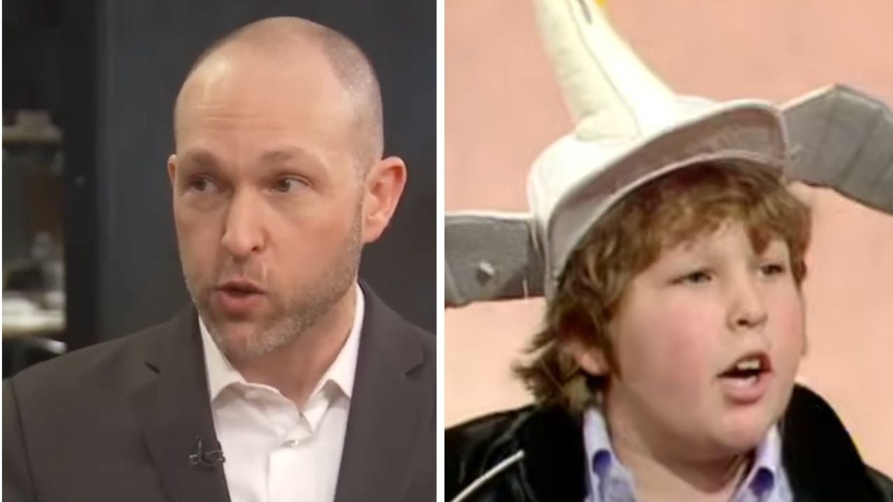 Two images side by side: on the left, a man in a suit speaking; on the right, a child with curly hair wearing a hat with large fake wings, speaking or singing.